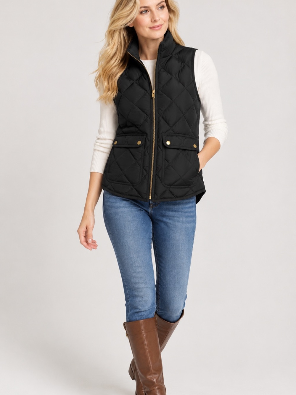J.Crew Quilted Down Puffer Vest Black XS Gold Hardware 70% Down